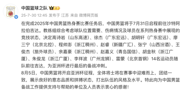股票十倍杠杆 中国男篮即将开启亚洲杯征程，14名运动员明日随队前往沙特吉达